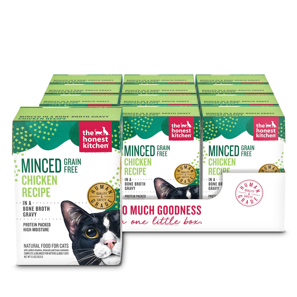 The Honest Kitchen minced chicken in bone broth gravy cat food can label, complete meal option