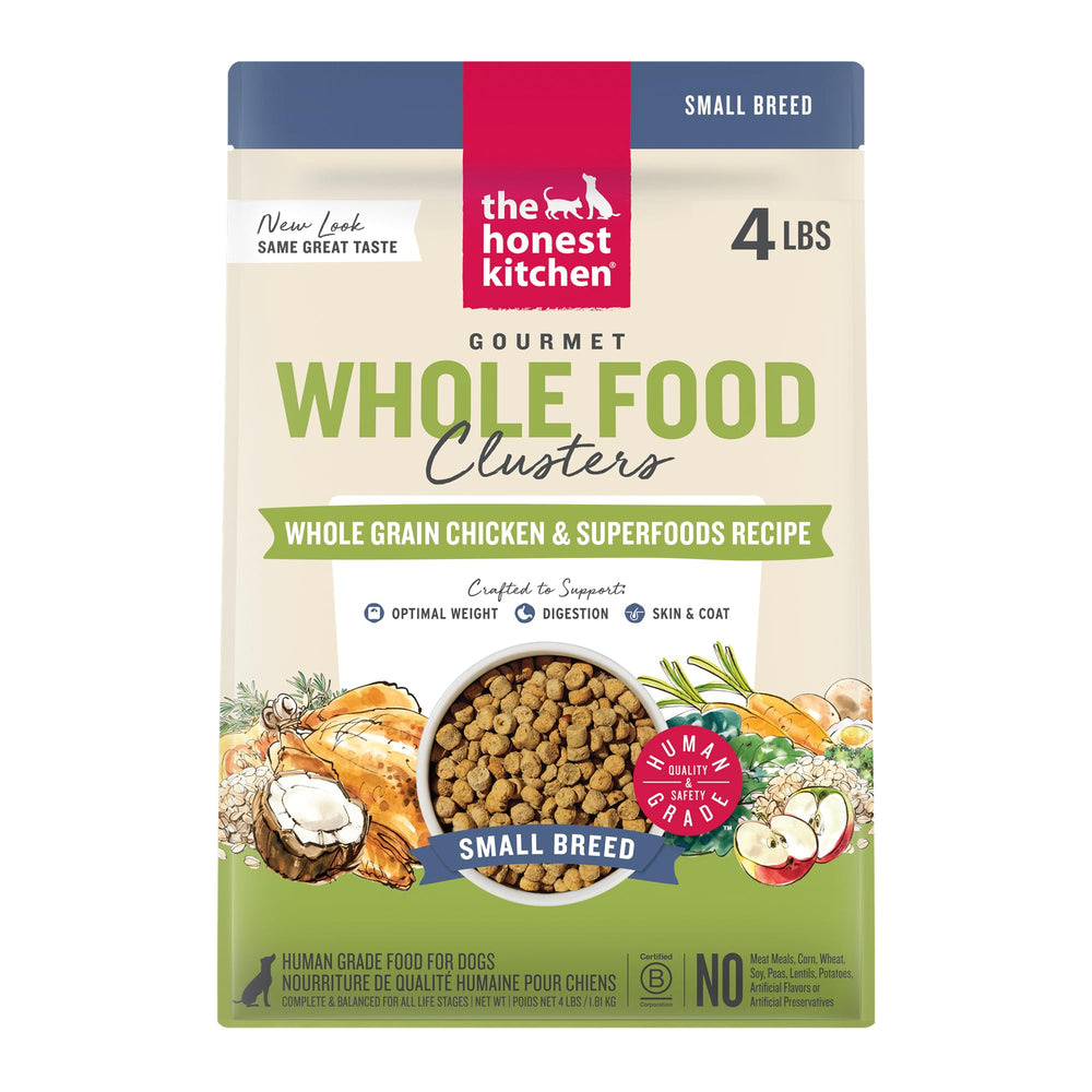 The Honest Kitchen Small Breed Clusters chicken dry dog food bag promotes balanced meals for small dogs.