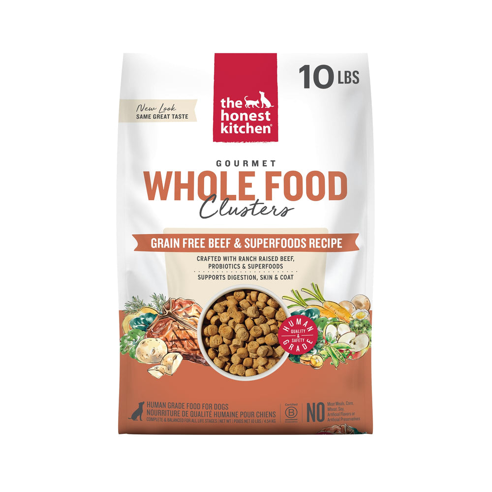 The Honest Kitchen Whole Food Clusters beef bag displaying premium ingredients