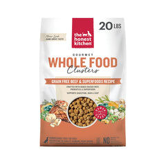 The Honest Kitchen Whole Food Clusters beef dog food bag front showing premium ingredients.