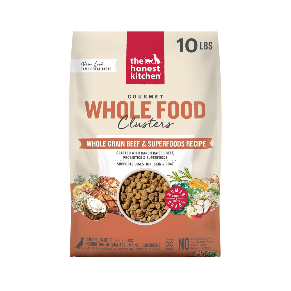 The Honest Kitchen Whole Food Clusters bag front shows premium ingredients for balanced canine nutrition.