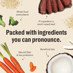 Close-up of beef liver and oats highlights natural protein and fiber in The Honest Kitchen clusters.