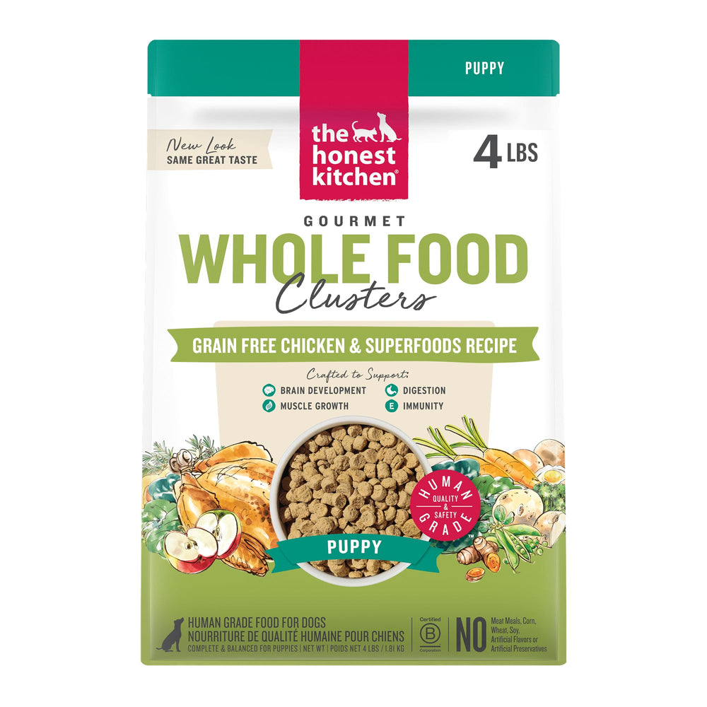 The Honest Kitchen Whole Food Clusters puppy bag with grain-free chicken supports growing puppies' nutrition