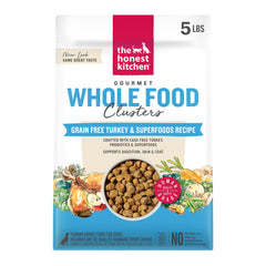 The Honest Kitchen whole-food clusters turkey 5lb bag shows human-grade ingredients.