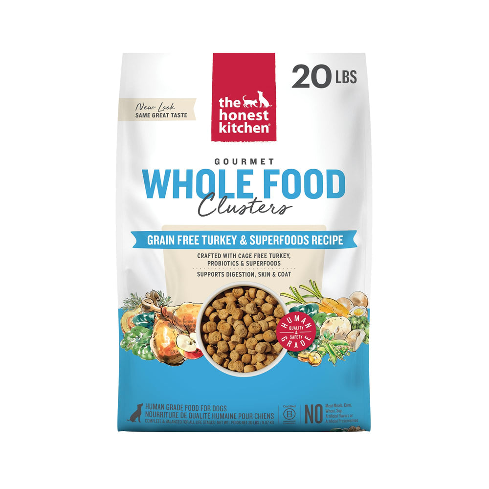 The Honest Kitchen Whole Food Clusters turkey bag 20 lb promotes premium nutrition.