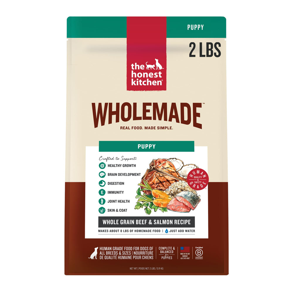 The Honest Kitchen Wholemade puppy food bag with beef and salmon for healthy growth.
