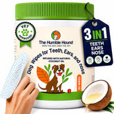 The Humble Hound finger-teeth wipe showing easy dental cleaning for better breath.