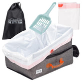 The Kitty Train travel litter box front view showing sturdy base and leak-proof lining.