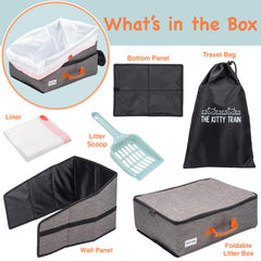 The Kitty Train travel litter box side view illustrating high sides to reduce mess.