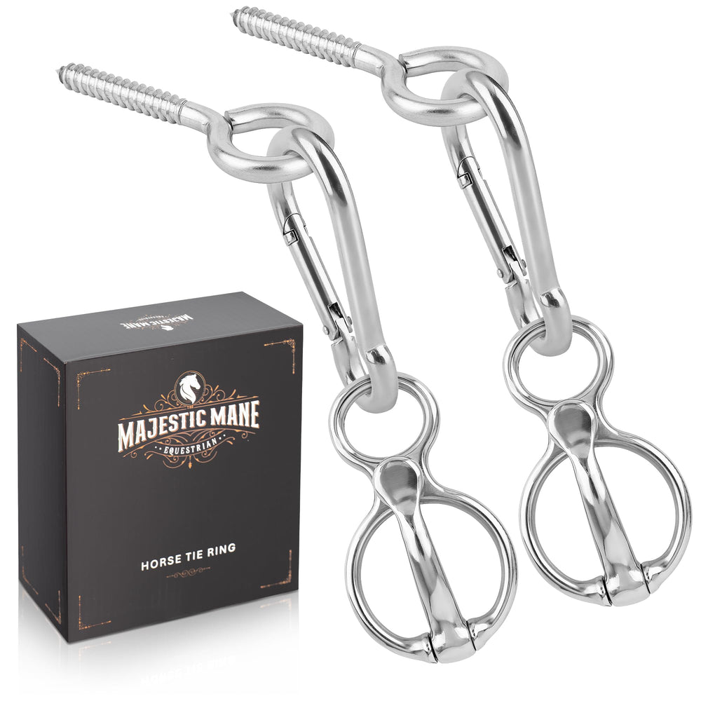 The MajesticMane horse tie ring assembly for safe tethering.