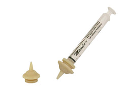 The Miracle Nipple Mini Pkg with two nipples and a 3ml syringe for infant feeding.