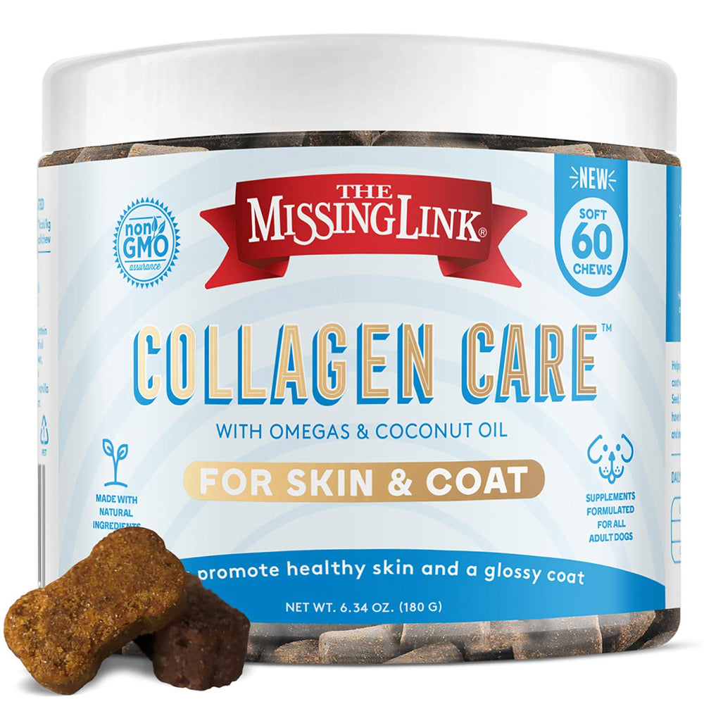 The Missing Link Collagen Care bottle view promotes daily healthy skin and coat support.