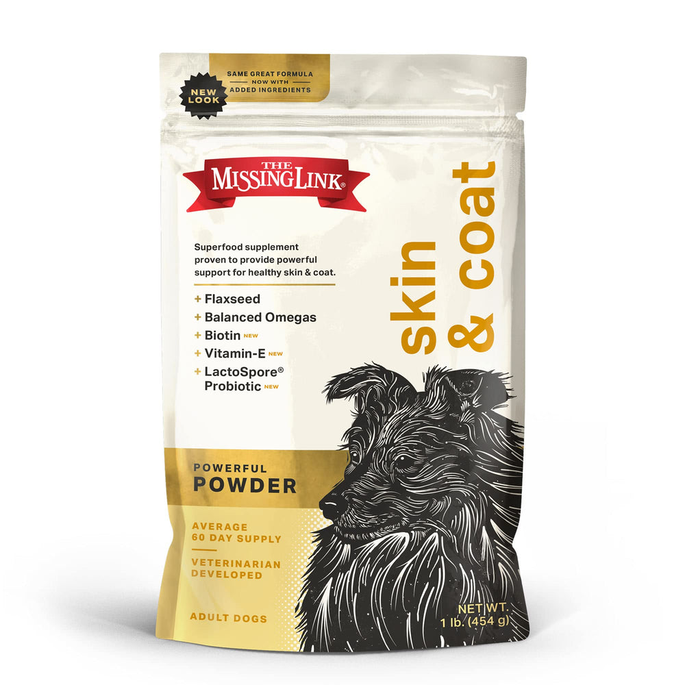 The Missing Link Skin & Coat Probiotics bag label highlights key dog nutrients.