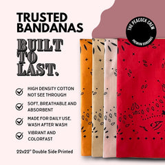 The Peacock Crew Sunset Desert Sun bandana adds a vibrant accent to casual looks.