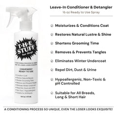 The Stuff dog detangler soft coat shows nourished fur after gentle brushing.
