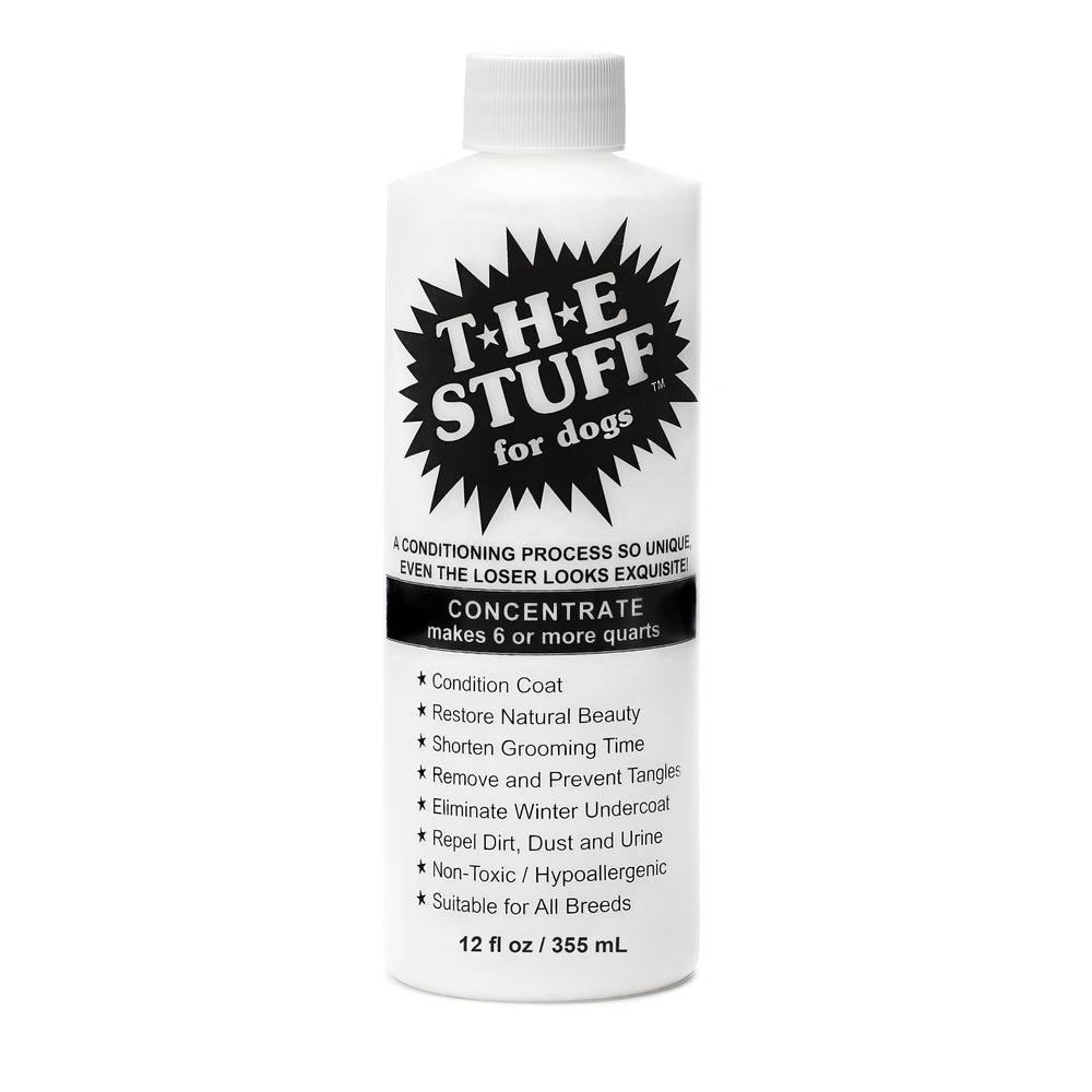 The Stuff leave-in detangler bottle pour demonstrates quick no-rinse grooming for dogs.