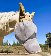 The Sunny Zebra fly mask on horse face front provides UV protection and clear field of vision.