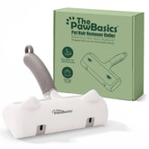 ThePawBasics pet hair remover roller on a bed, lifting hair easily