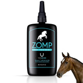 Therazure Zomp hoof thrush bottle closeup shows copper-based formula for easy daily hoof care.
