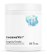 ThorneVet Longevity soft chews bottle close-up showing a palatable health support for aging pets