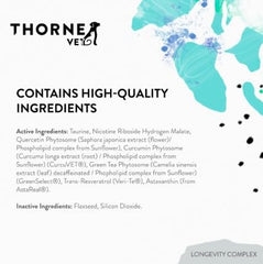 ThorneVet Longevity nutrition-label detail highlights NR and antioxidants