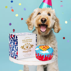 Thoughtfully Pets superhero dog birthday cookie cake hollow centre shown for easy serving.