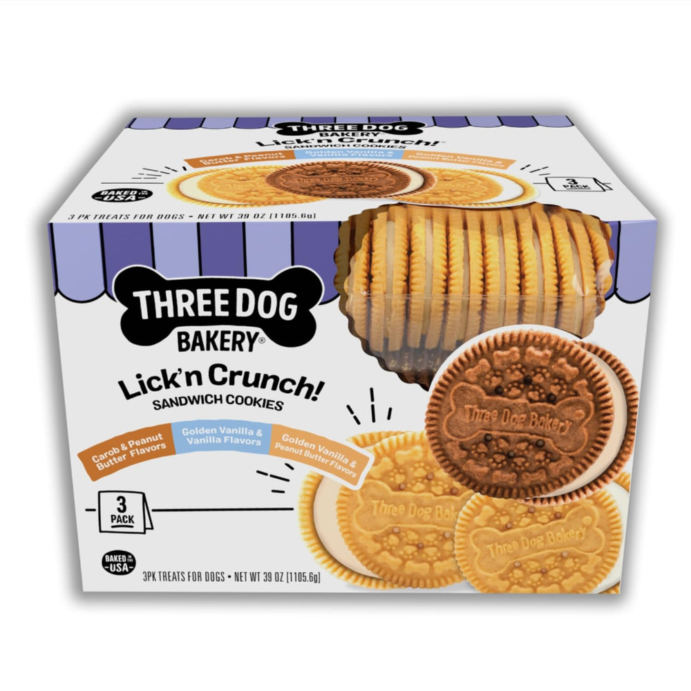 Three Dog Bakery Lick'n Crunch cookies in a resealable tub for fresher treats.
