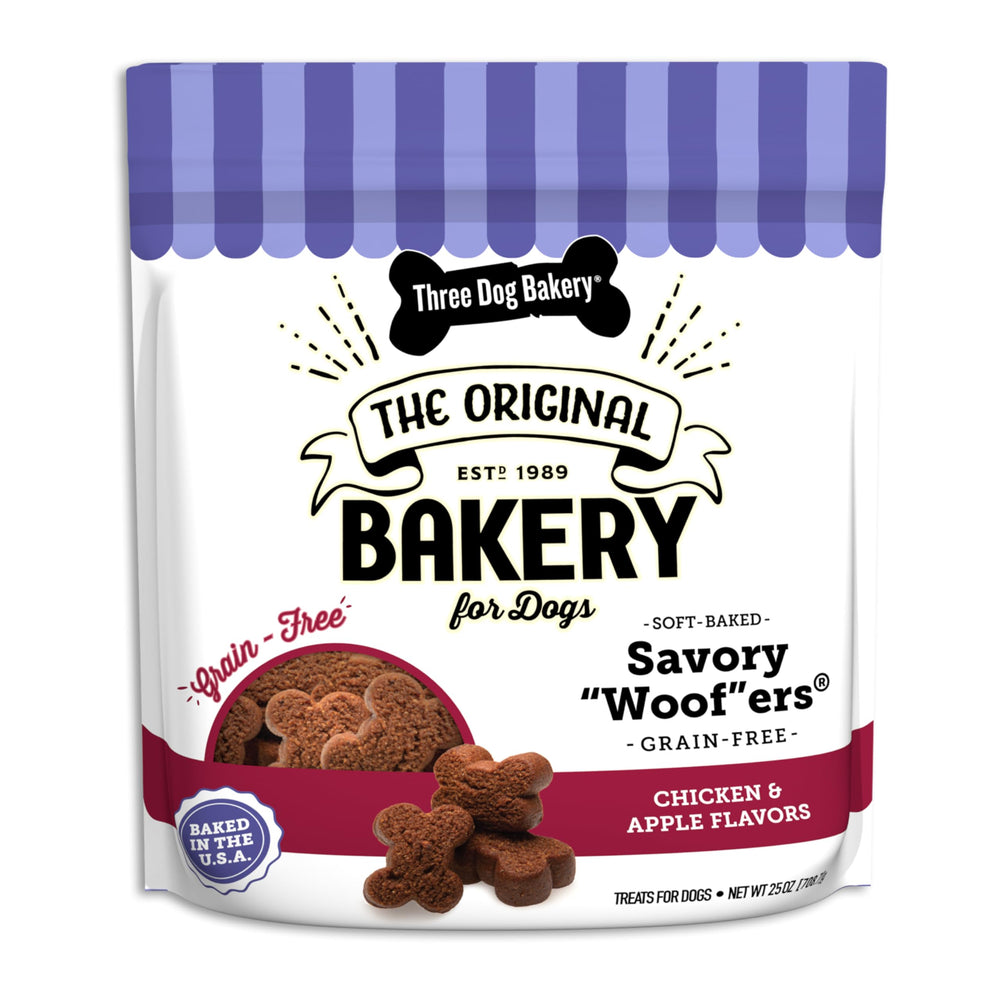 Three Dog Bakery soft-baked chicken apple treats, a tasty reward during training.