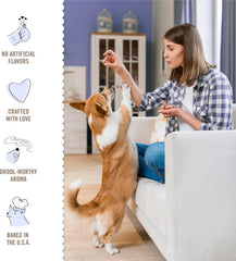 Three Dog Bakery Lick'n Crunch packaging with ingredients visible, emphasizing US-made small-batch baking.
