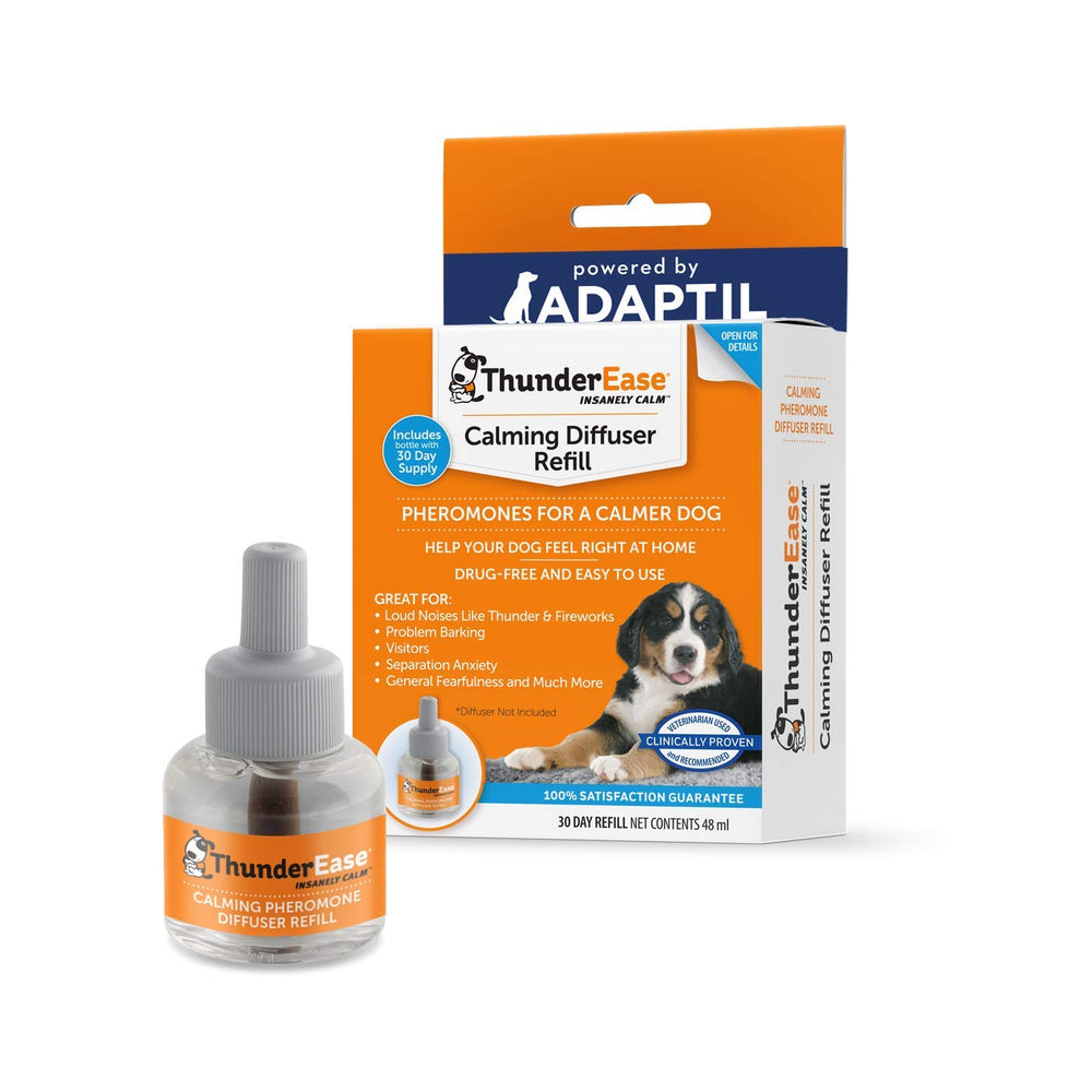 ThunderEase dog calming pheromone diffuser refill bottle in use eases separation anxiety at home.