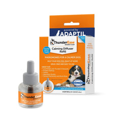 ThunderEase dog calming pheromone diffuser refill bottle in use eases separation anxiety at home.