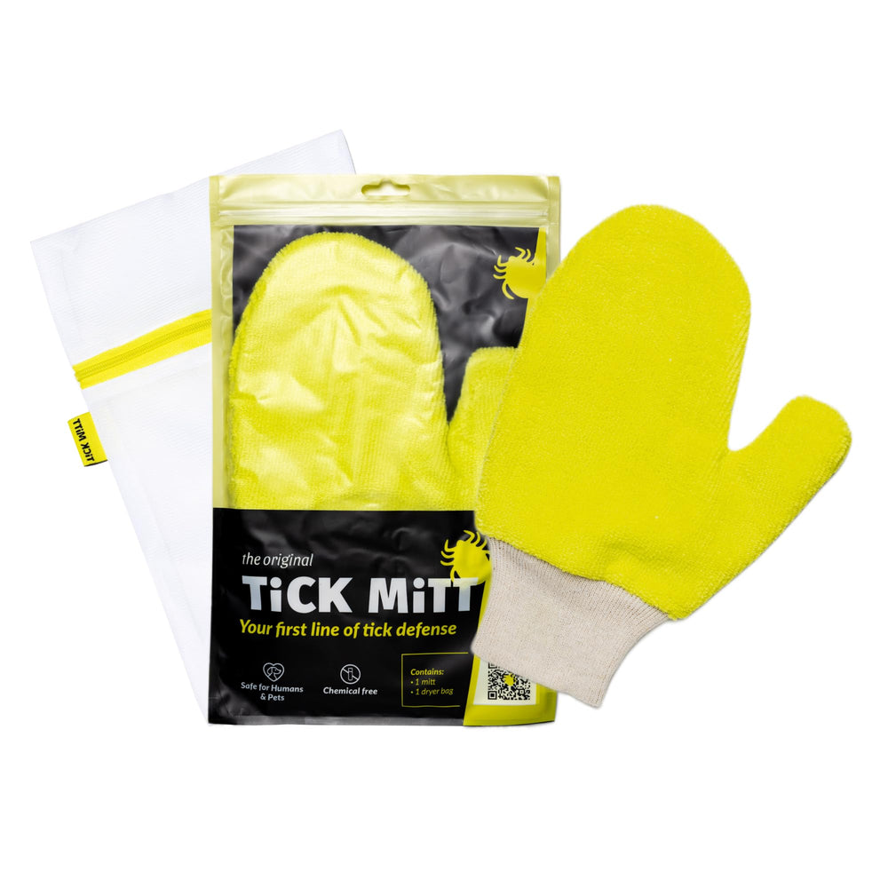 TiCK MiTT yellow tick removal glove in use on a pet for safe tick removal