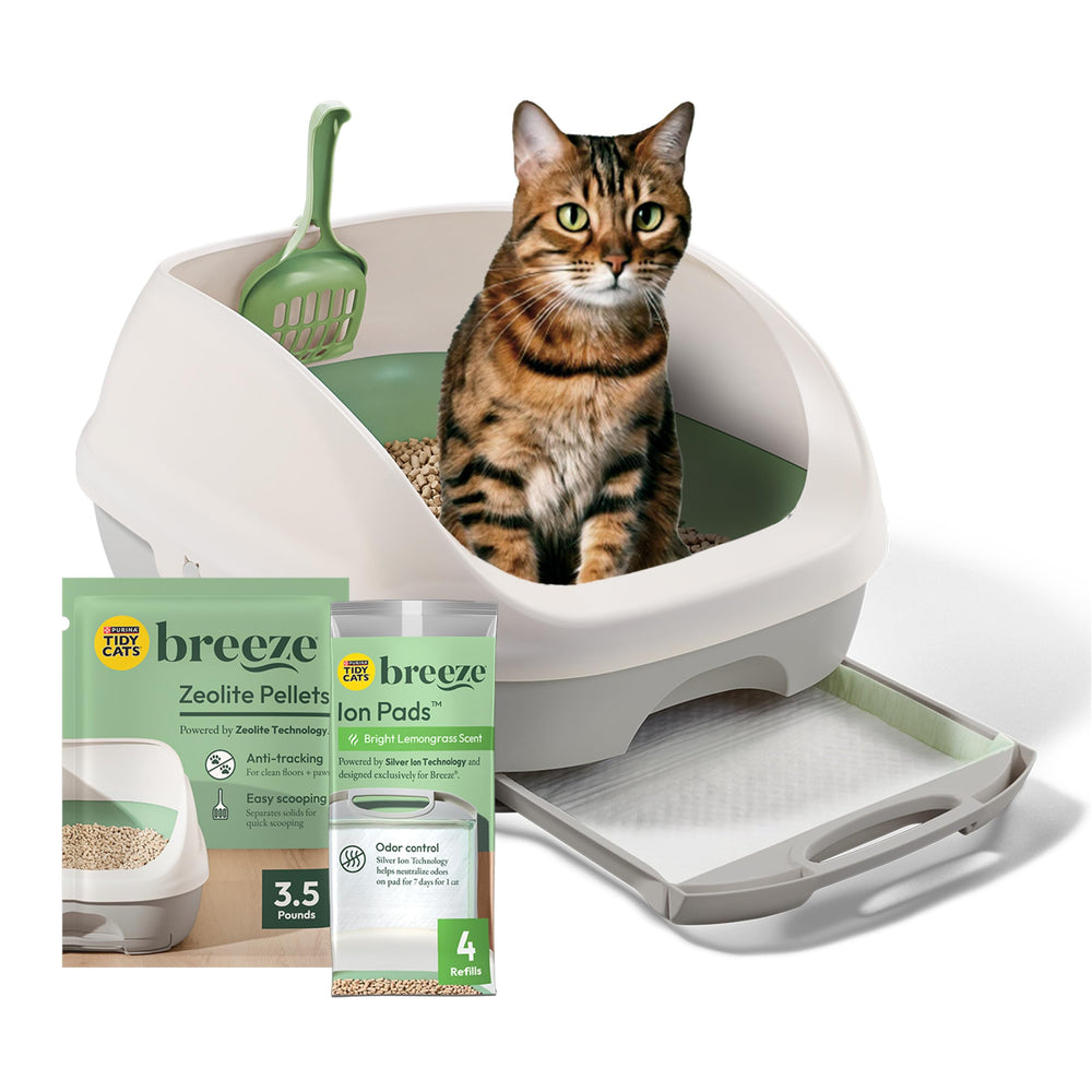 Purina Tidy Cats Breeze open box system shown for easy setup and cleaner space.