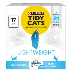 Purina Tidy Cats Lightweight with Glade Clear Springs packaging showing a lightweight box for easy carrying.