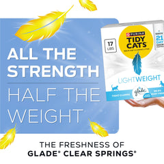 Purina Tidy Cats Lightweight with Glade Clear Springs 21-day odor control scene emphasizes long-lasting freshness.