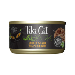 Tiki Cat After Dark can closeup shows a protein-rich chicken and lamb recipe for adult cats.