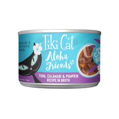 Tiki Cat Aloha Friends tuna calamari pumpkin can close-up; protein-rich meal