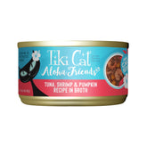 Tiki Cat Aloha Friends tuna-shrimp-pumpkin can showing grain-free nutrition.