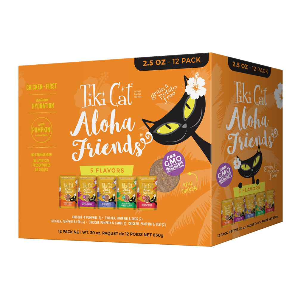 Tiki Cat Aloha Friends variety pack 12 pouches, diverse flavors for meals.