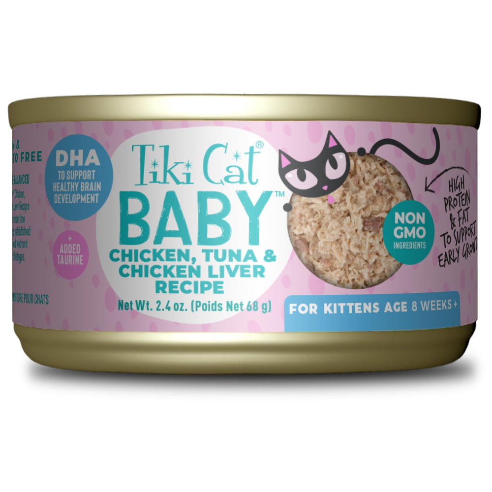 Tiki Cat Baby cans pack displays high-protein kitten formula for growth.