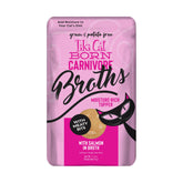 Tiki Cat Born Carnivore Broths Salmon Recipe pouch enhances meal flavor and moisture.