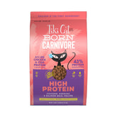 Tiki Cat Born Carnivore chicken kibble bag front shows high-protein formula.