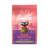 Tiki Cat Born Carnivore chicken kibble bowl shows protein-rich meal for cats.