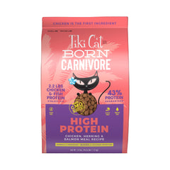 Tiki Cat Born Carnivore chicken kibble bowl shows protein-rich meal for cats.