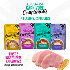 Tiki Cat Born Carnivore Complements pouch contents showing shredded chicken for hydration