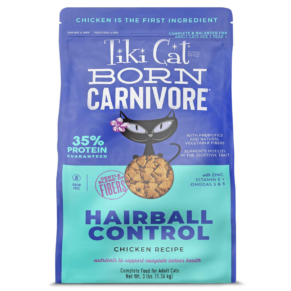 Tiki Cat Born Carnivore chicken-first recipe image highlighting protein for energy.