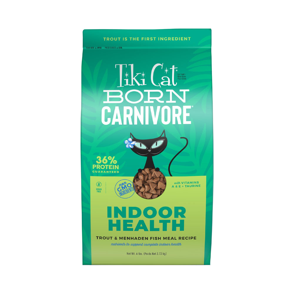 Tiki Cat Born Carnivore Indoor Health bag front view for easy indoor feeding.