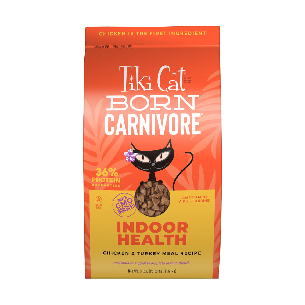 TIKI CAT Born Carnivore Indoor Health chicken-first ingredient visual highlight for indoor cats