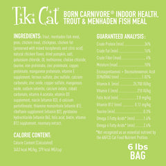 Tiki Cat Born Carnivore Indoor Health kibble close-up showing crunchy texture.