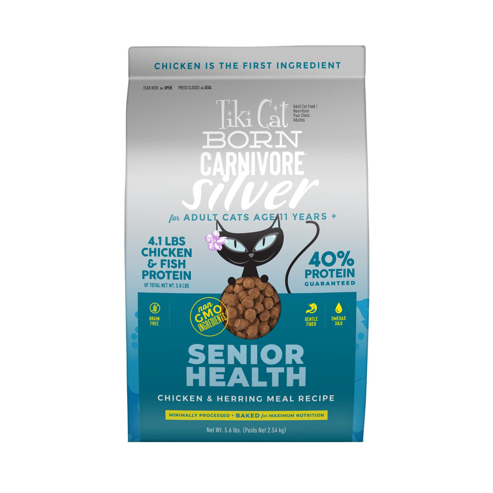 Tiki Cat Born Carnivore Silver Senior Health dry food shown in a bowl for senior cats